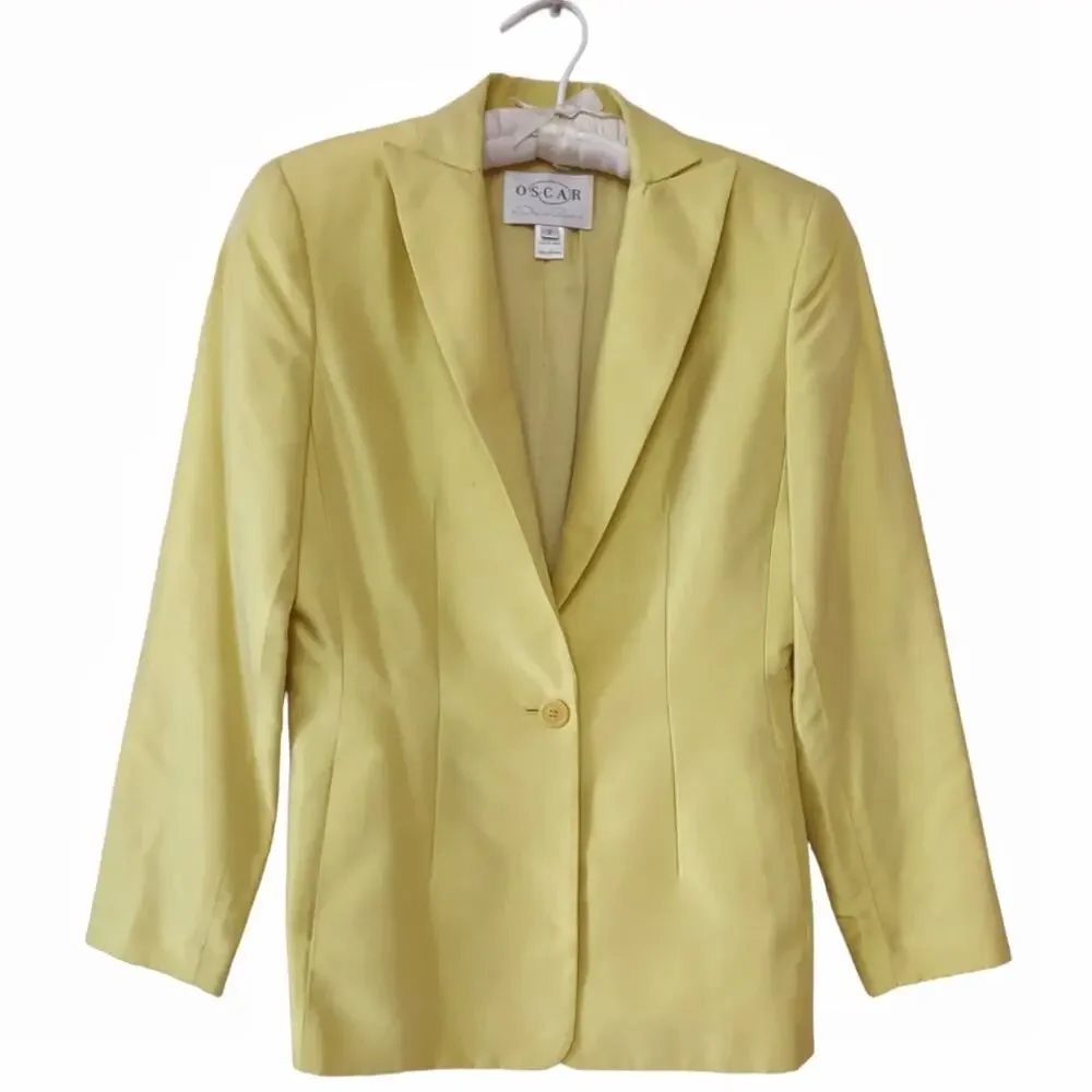 OSCAR DE LA RENTA Yellow Silk Blazer Sz 2 Lightweight Fitted Lemon Suit Jacket